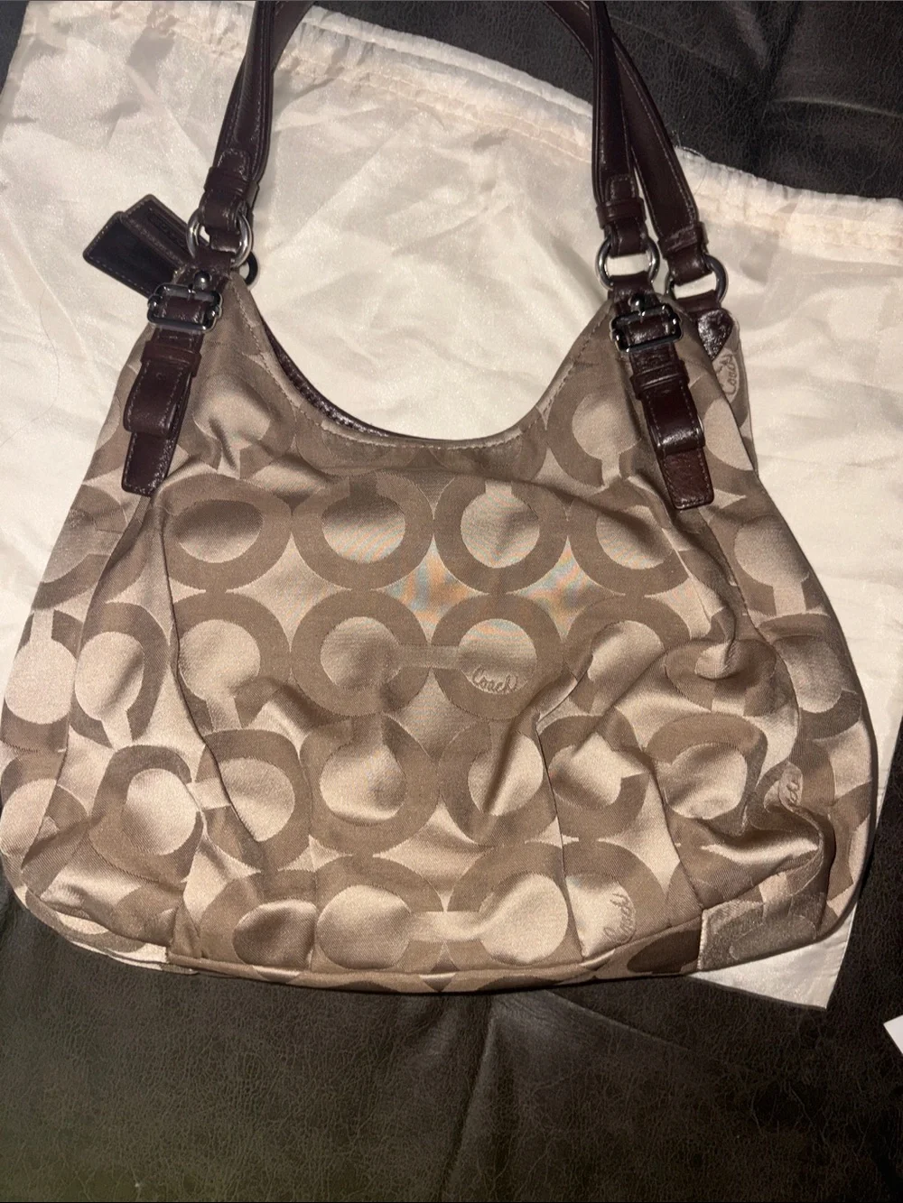 Coach Beige Signature Jacquard Shoulder Bag with Brown Trim